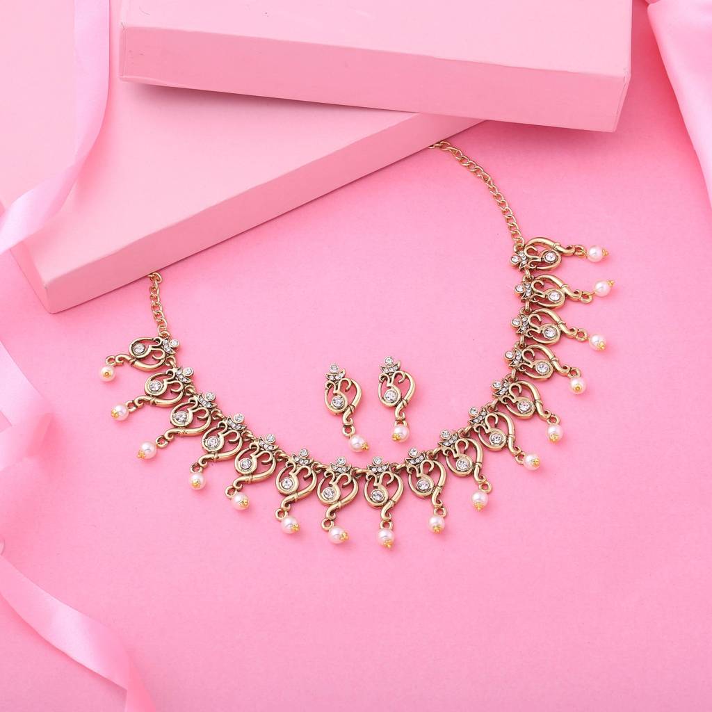 Estele Gold Plated Antique Spiritual Om Shaped Necklace Set With Glowing Pearls For Women : 10000-IGNKER