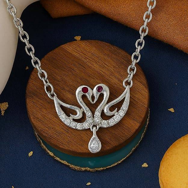 Rhodium Finish Swan Couple Pendant Necklace With Crystal Detailing For Women & Girls : OSAK039-IRWEPENDANT