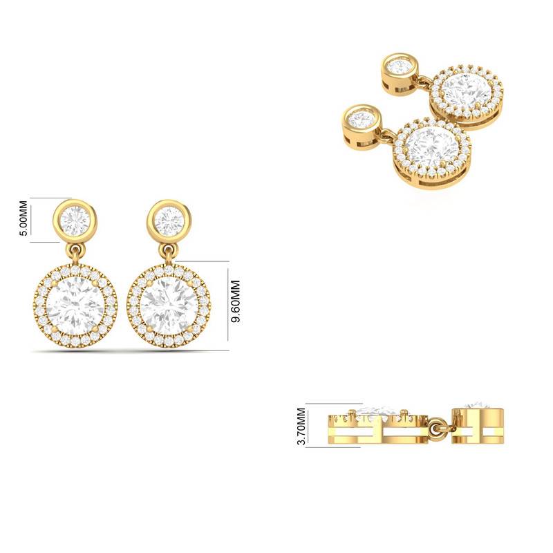 3.0Ct Double Stone Halo Moissanite Drop Earrings In 14Kt Gold Over Sterling Silver : TGDE-23