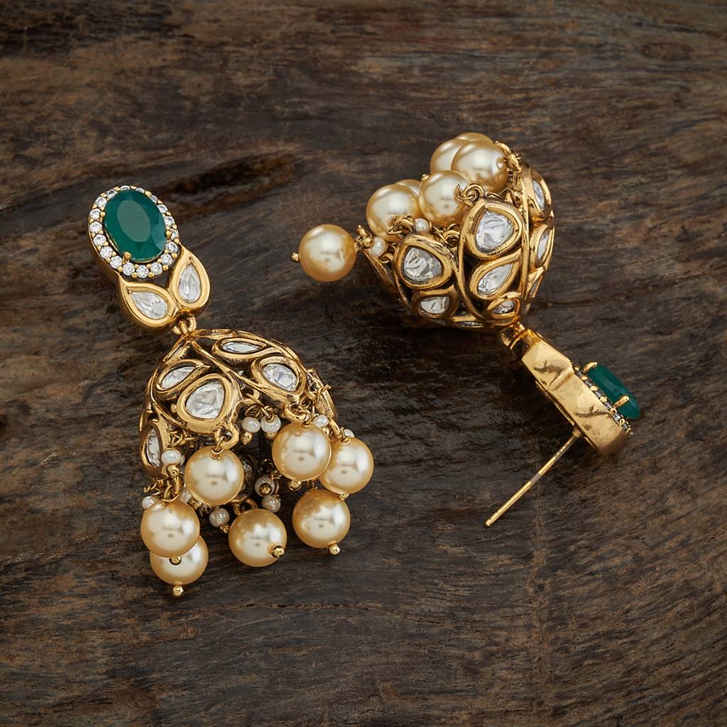 Kushal'S Fashion Jewellery Green Victorian-Plated Ethnic Kundan Jhumkas Earring-411528 : 411528