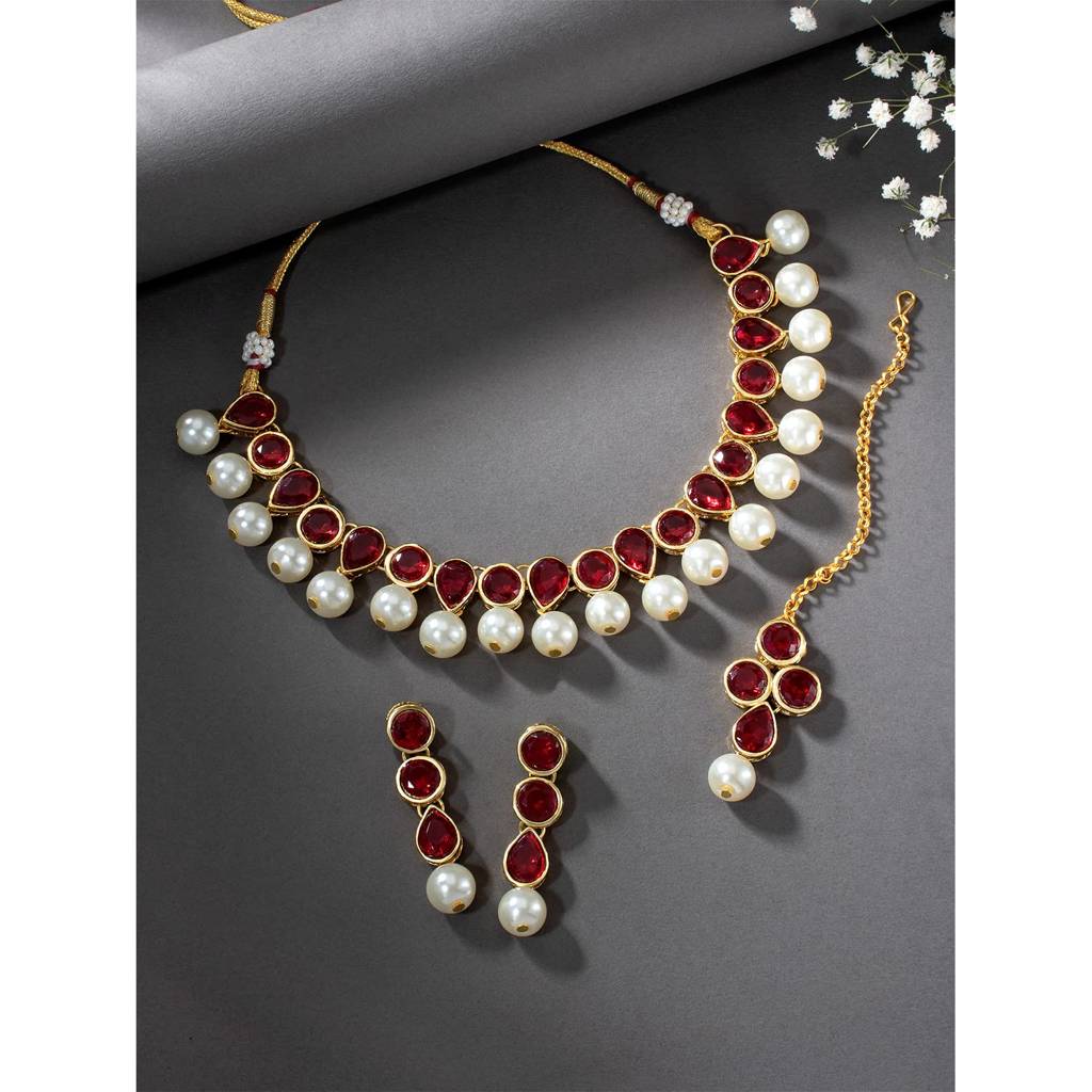 Kundan Pearl Traditional Ethnic Choker Necklace Earring Maangtikka Jewellery Set For Women-Pf24N47 : PF24N47M
