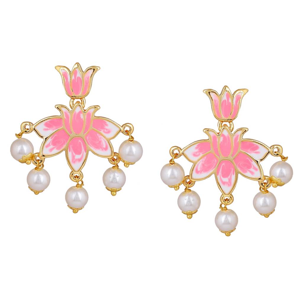 Estele Gold Plated Lotus Designer Dazzling Pearl Drop Earrings With Pink Enamel For Girl'S & Women : 10191-IGER