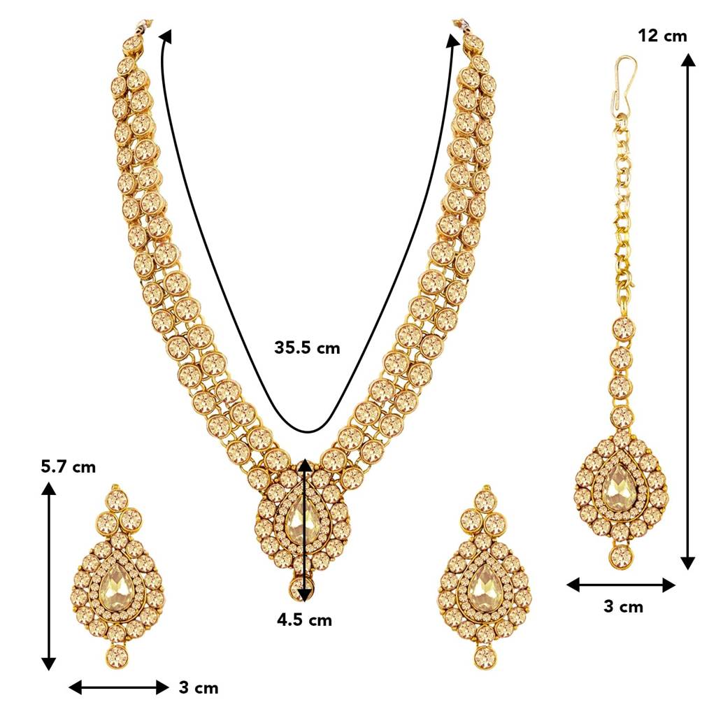 Gold Plated American Diamond Long Necklace Jewellery Set With Maang Tikka And Earrings For Women Girls (Gold) : PF37NIJ244LCT