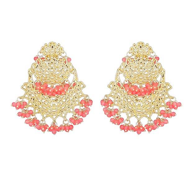 Estele Gold Plated Trellis Gehena Chandbali Earrings With Mint Pink Beads For Women : PJ-007-IGMPER