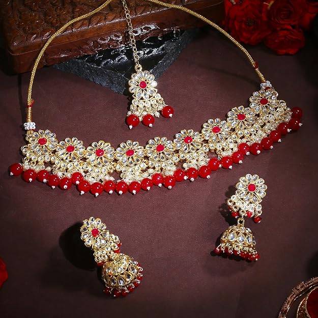 Estele Gold Plated Marvelous Gehena Necklace Set & Maang Tikka With Ruby Beads For Women : PJ-040-IGRBNKERTK