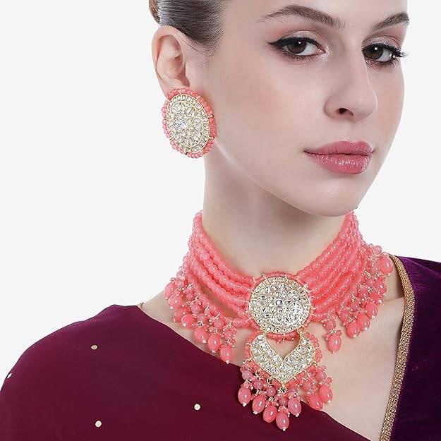 Estele Gold Plated Enchanting Gehena Necklace Set With Mint Pink Beads For Women : PJ-048-IGMPNKER