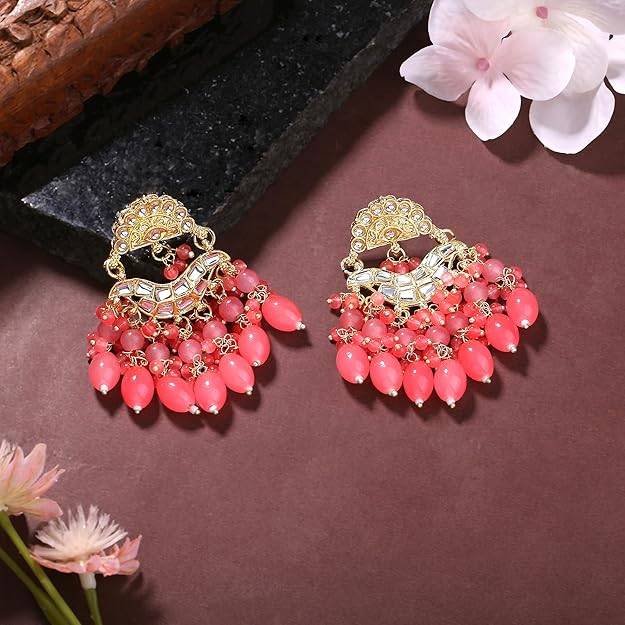 Estele Gold Plated Elegant Designer Gehena Drop Earrings With Mint Pink Beads For Women : PJ-012-IGMPER