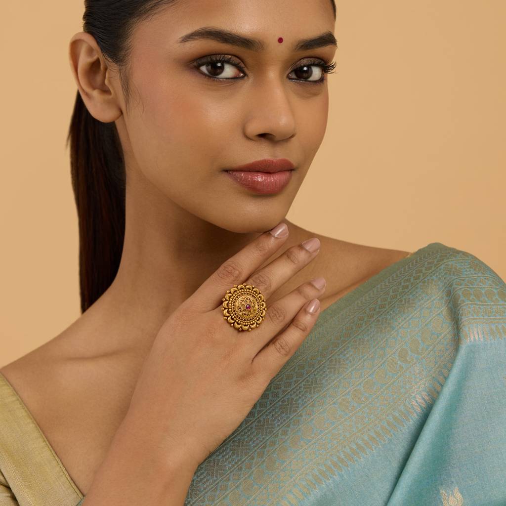 Kushal'S Fashion Jewellery Women Gold-Plated Ruby Stone Studded Antique Finger Ring : 429867