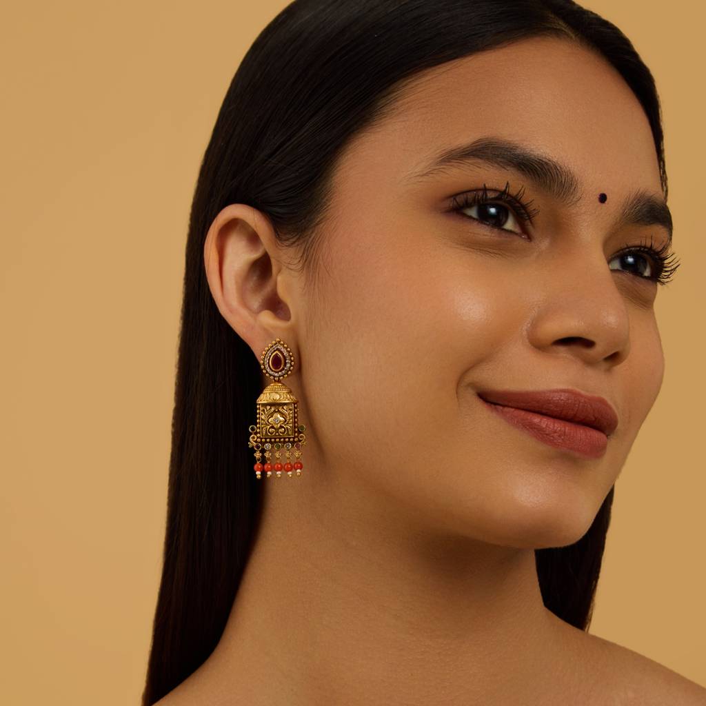 Ruby-Green Gold-Plated Ethnic Antique Drops-433485 : 433485