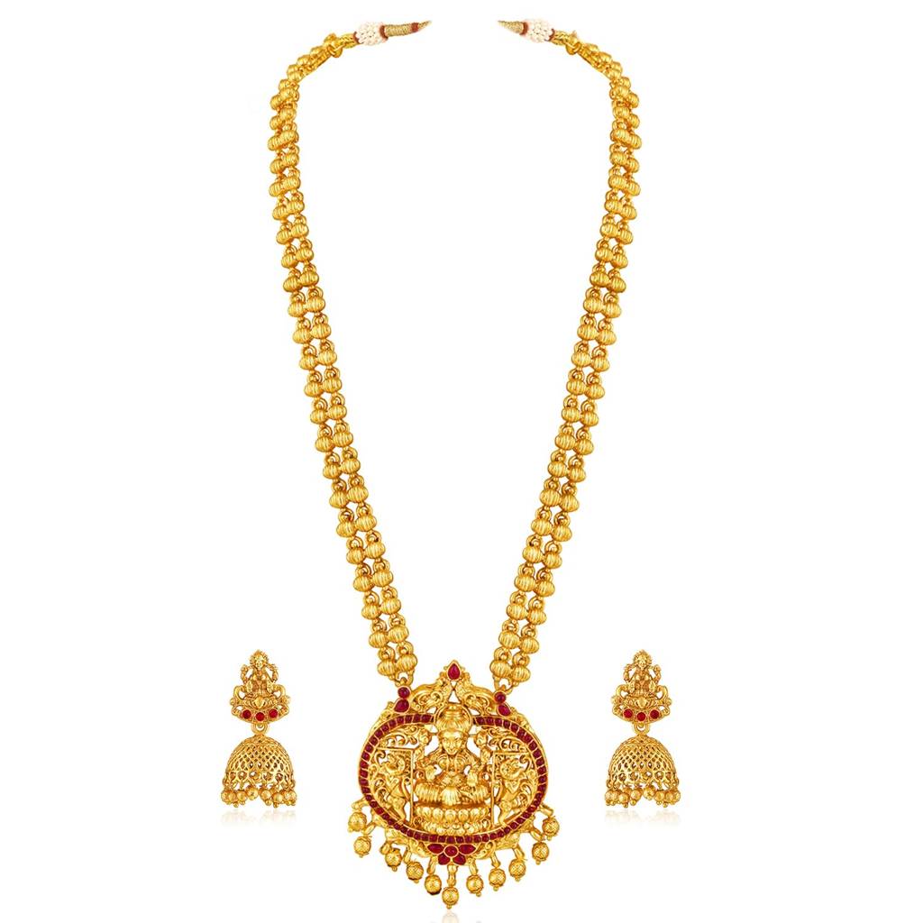 Gold Plated Rani Pink Synthetic Stone Studded Long Necklace Jhumki Earrings Jewellery Set For Women & Girls : PF04NK11133RP