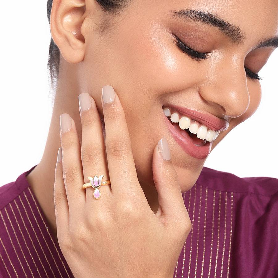 Estele Gold Plated Pink Enamel Lotus Designer Adjustable Finger Ring For Girl'S & Women : AD-145-IGRING