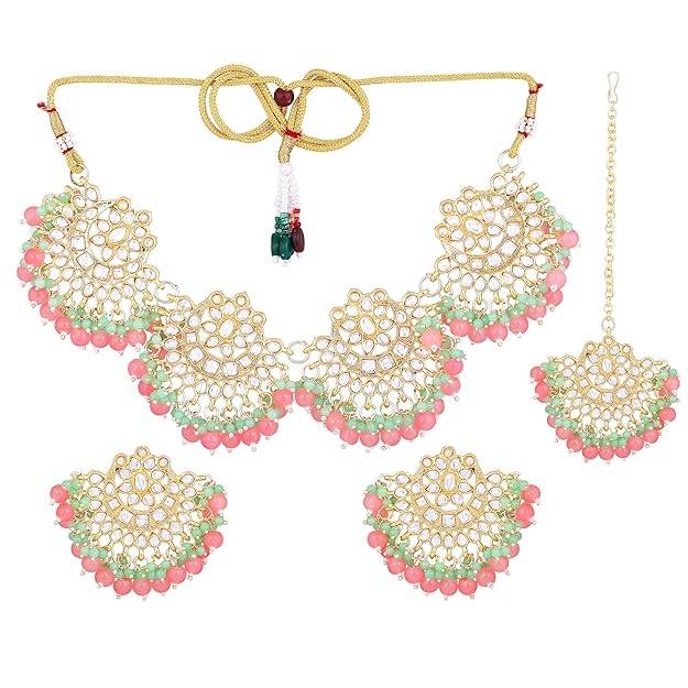 Estele Gold Plated Floral Gehena Necklace Set & Maang Tikka With Mint Pink Beads For Women : PJ-035-IGMGMPNKERTK