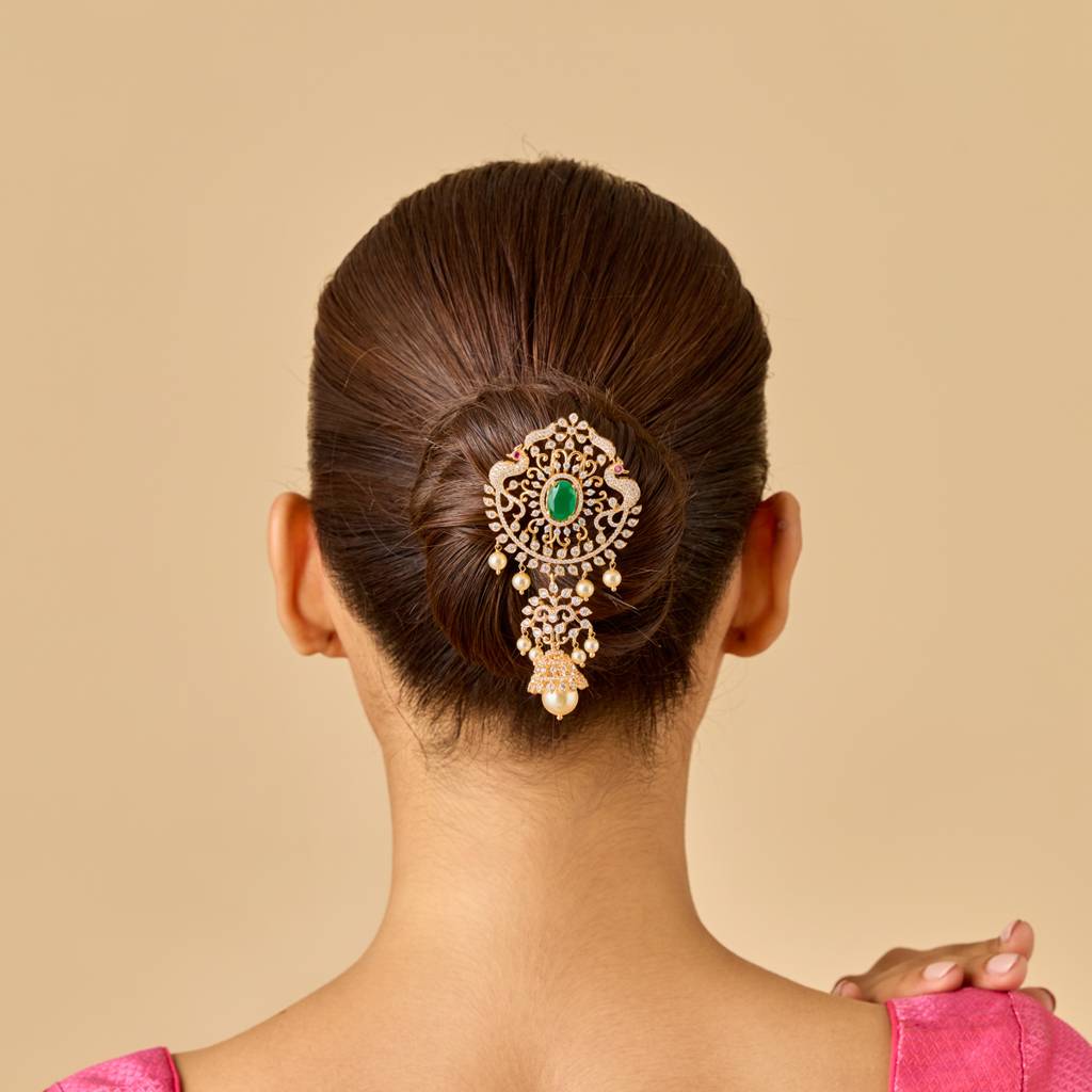 Kushal'S Fashion Jewellery Green Gold-Plated Ethnic Zircon Hair Brooch-442783 : 442783