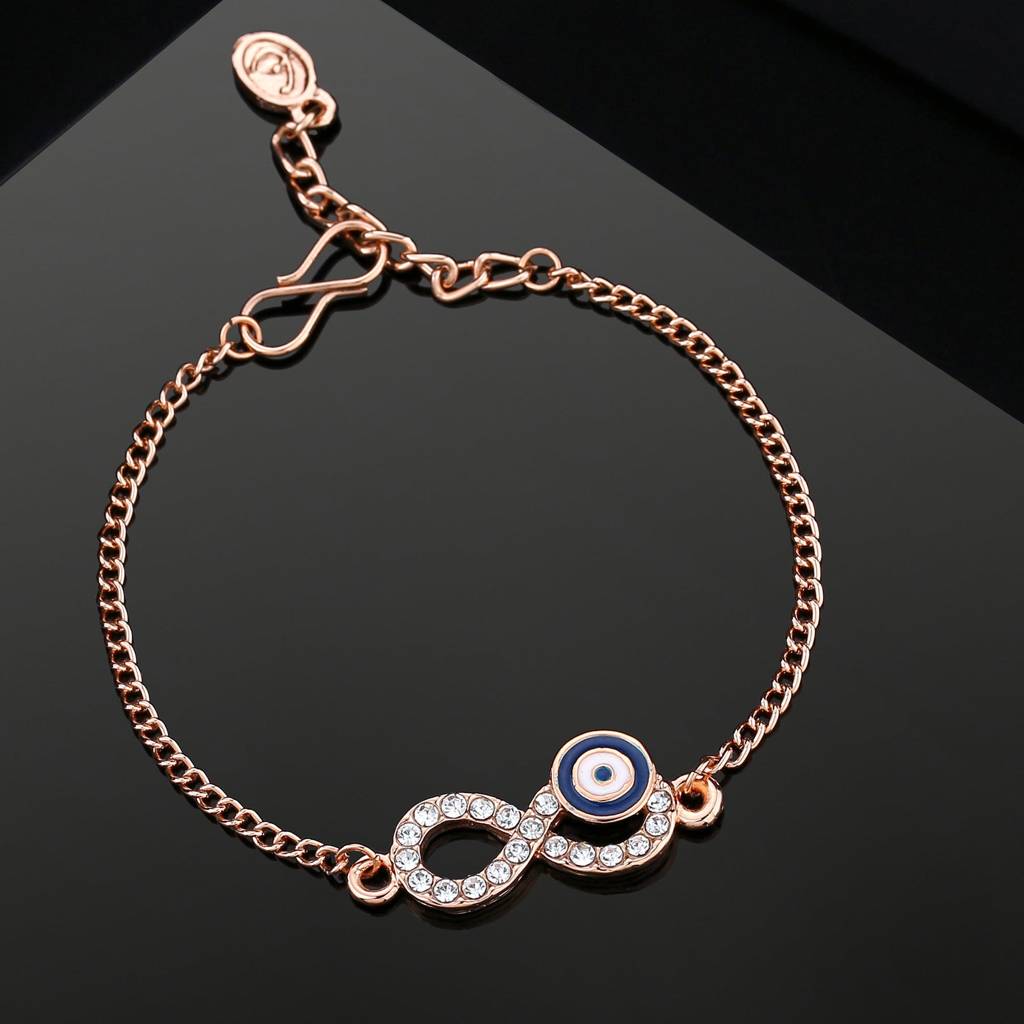 Estele Rosegold Plated Navy Blue Evil Eye Infinity Charm Bracelet With Austrian Crystals For Women : 102172-RGNBWEBR