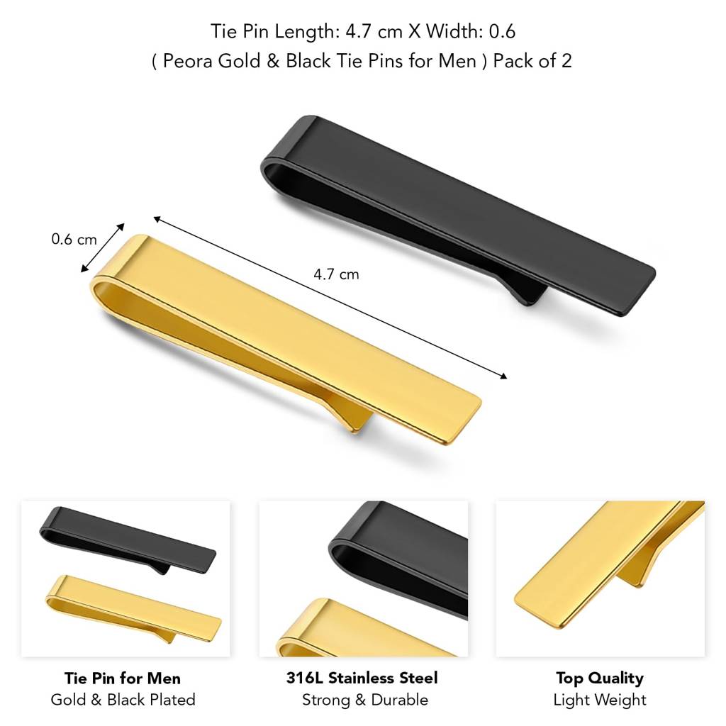Gold & Black 316L Stainless Steel Classic Tie Pins For Men Formal Business Accessories Gift (Pack Of 2) : PX9T25