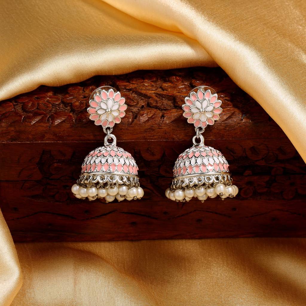 Estele Rhodium Plated Traditional Pink White Meenakari Jhumka