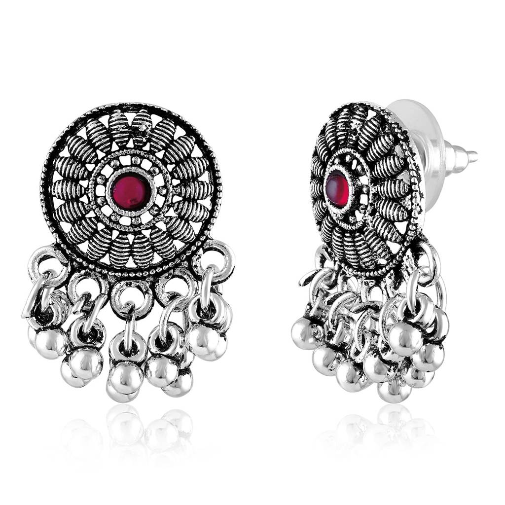 Silver Plated Rani Pink Green Synthetic Stone Studded Necklace Dangle Earrings Oxidized Jewellery Set For Wom : PF04NK11178RPG