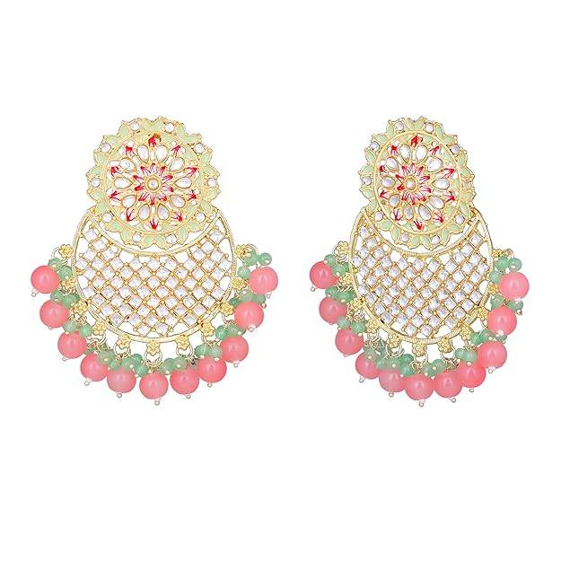 Estele Gold Plated Fascinating Gehena Drop Earrings With Green & Pink Beads For Women : PJ-011-IGMGMPER