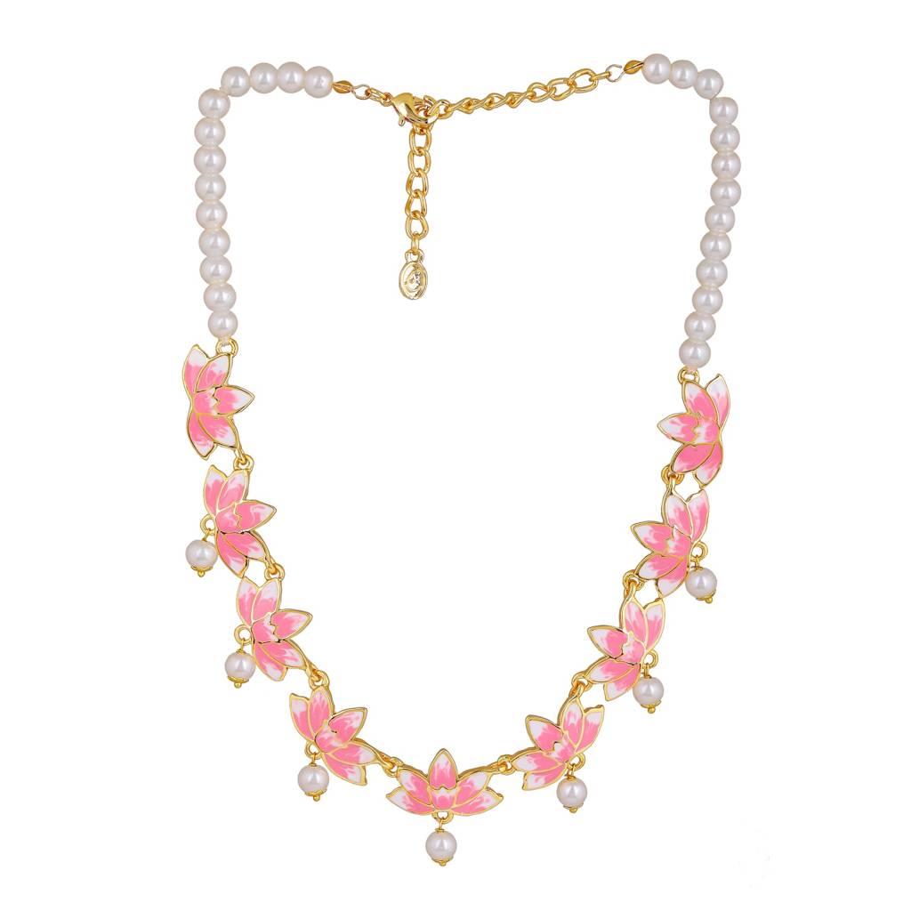 Estele Gold Plated Alluring Lotus Designer Pearl Necklace Set With Pink Enamel For Girl'S & Women : 10195-IGNKER