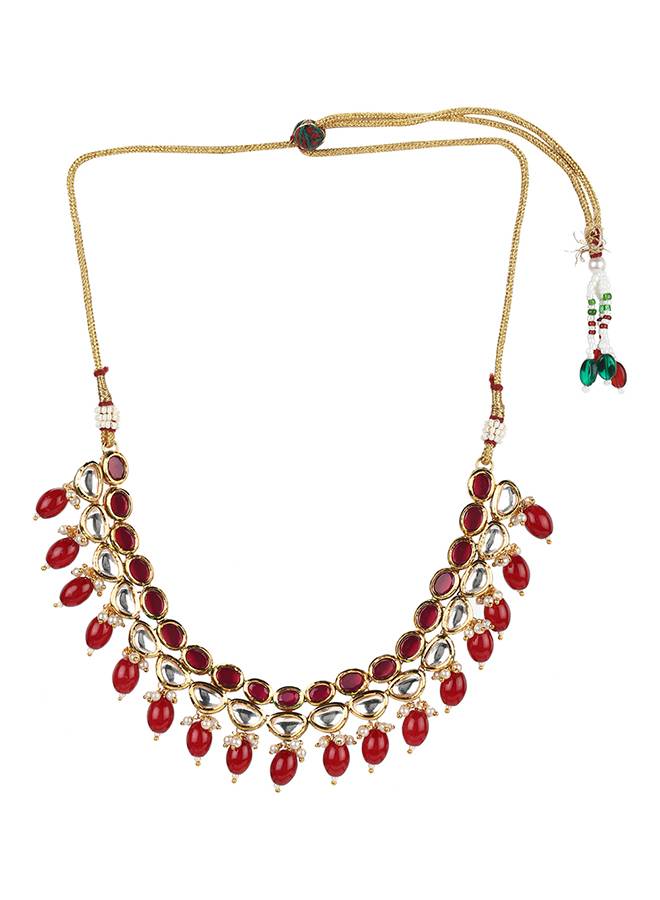 Kundan Gold Plated Necklace Set With Red Stones And Beads : 8905124437942