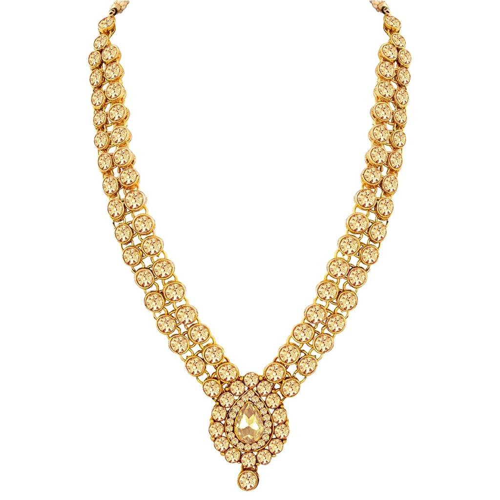 Gold Plated American Diamond Long Necklace Jewellery Set With Maang Tikka And Earrings For Women Girls (Gold) : PF37NIJ244LCT