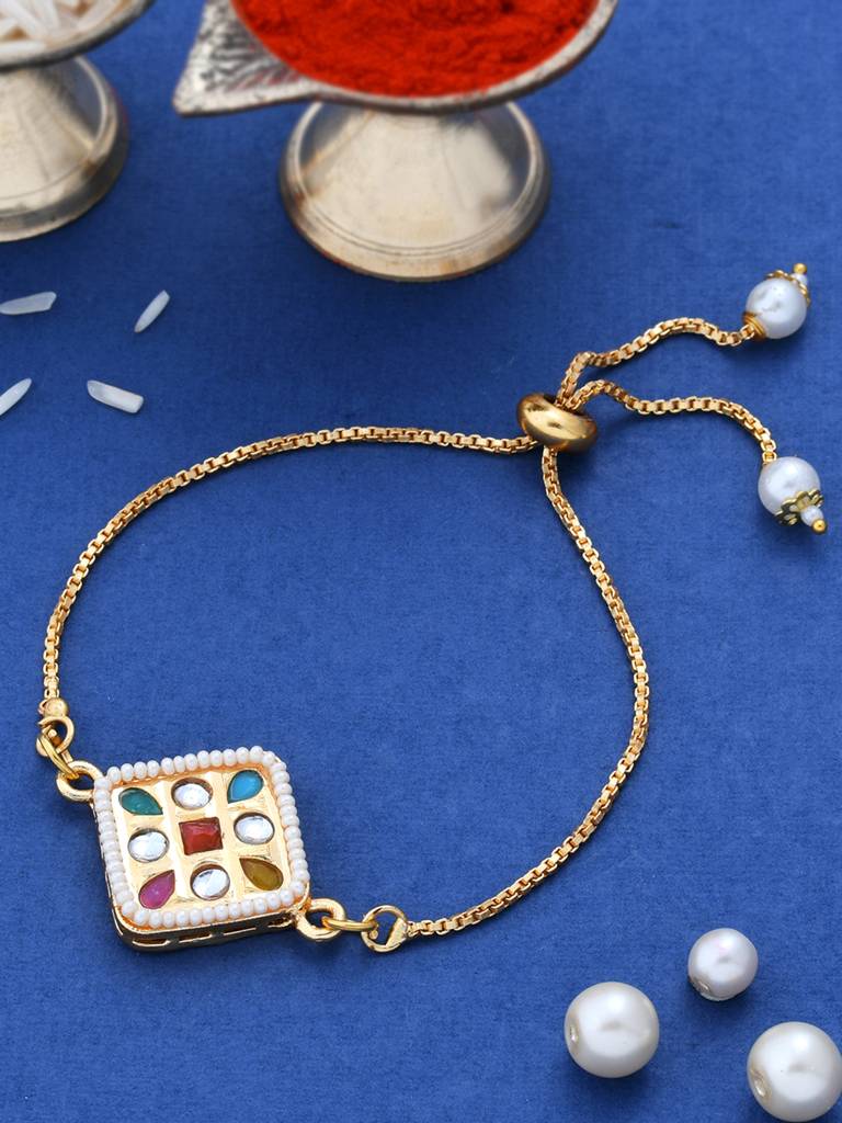 Eternz Certified Jewellery - Voylla Cz Embellished Gold Toned Bracelet Style Rakhi