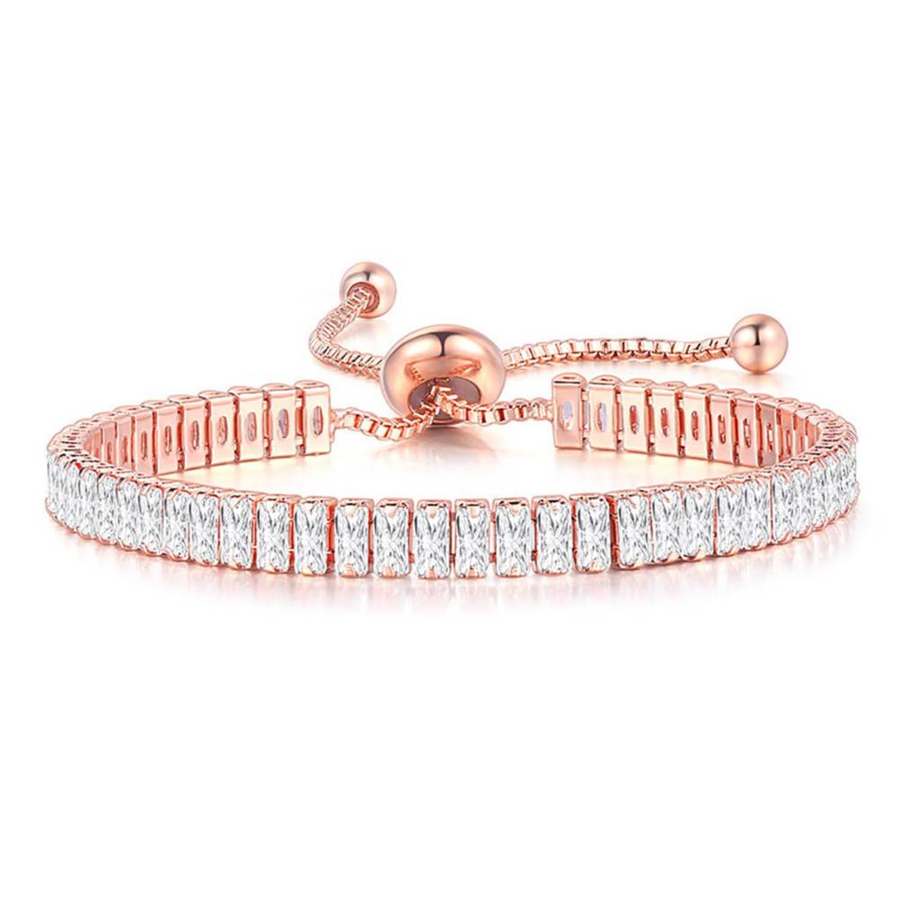 Rose Gold Plated Baguette Stone Studded Adjustable Tennis Bracelet Stylish Fashion Jewellery For Women & Girls-Px8B : PX8B80CW