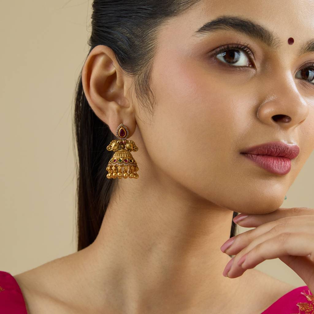 Kushal'S Fashion Jewellery Ruby-Green Gold-Plated Ethnic Antique Jhumkas-182690 : 436223