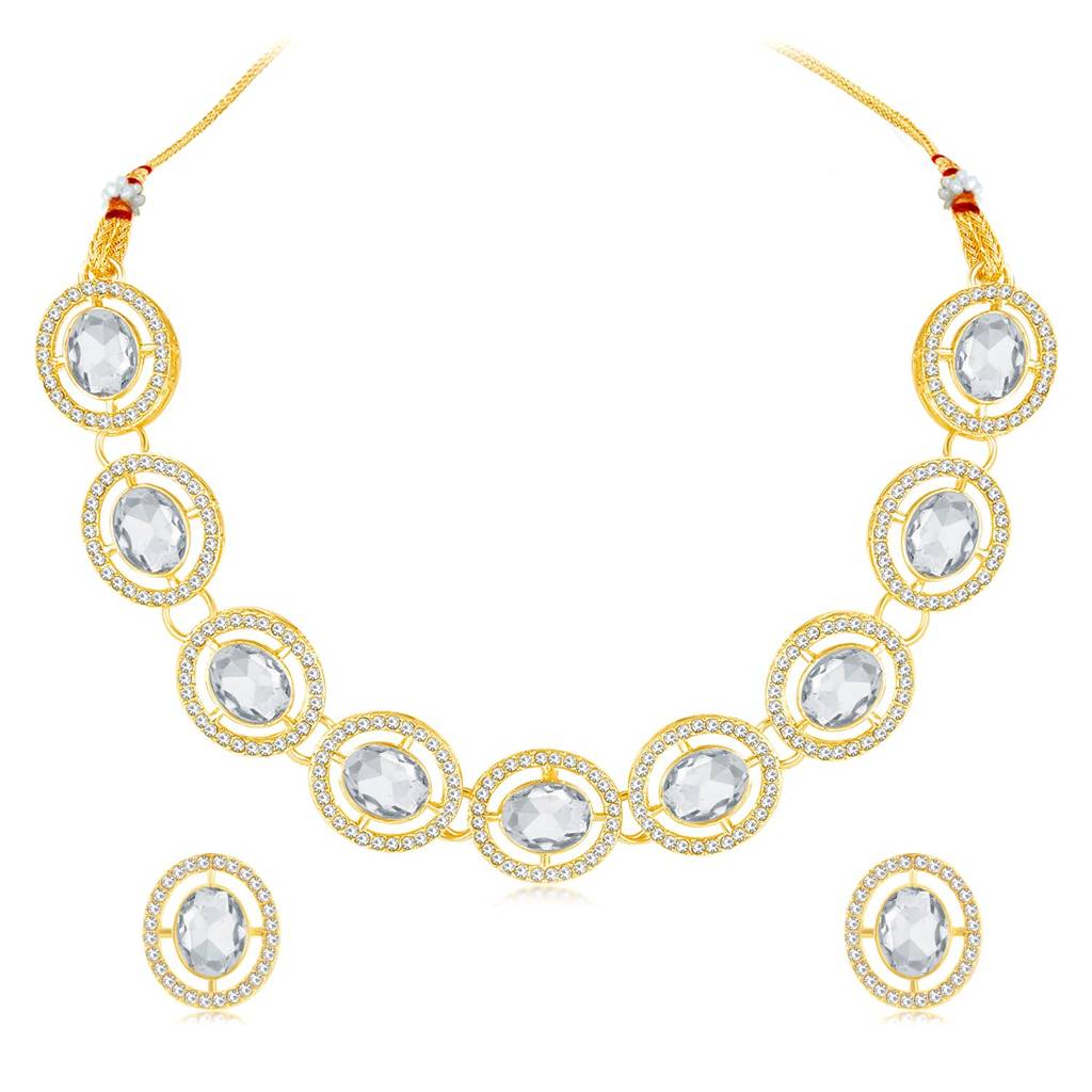 Gold Plated Synthetic Stone Studded Fancy Choker Necklace & Stud Earrings Fashion Jewellery Set Gift For Women & G : PF09N386W