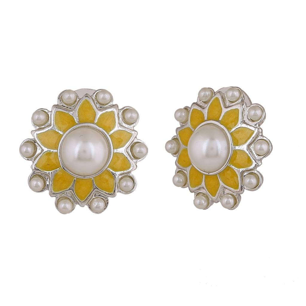 Estele Rhodium Plated Classic Meenakari Pearl Stud Earrings With Yellow Enamel For Women : 798710-IR-HER