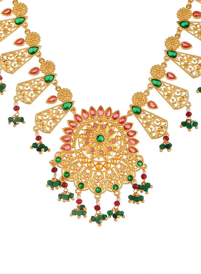 Abharan Red And Green Stones And Pearls Opulent Jewellery Set : 8905124494495