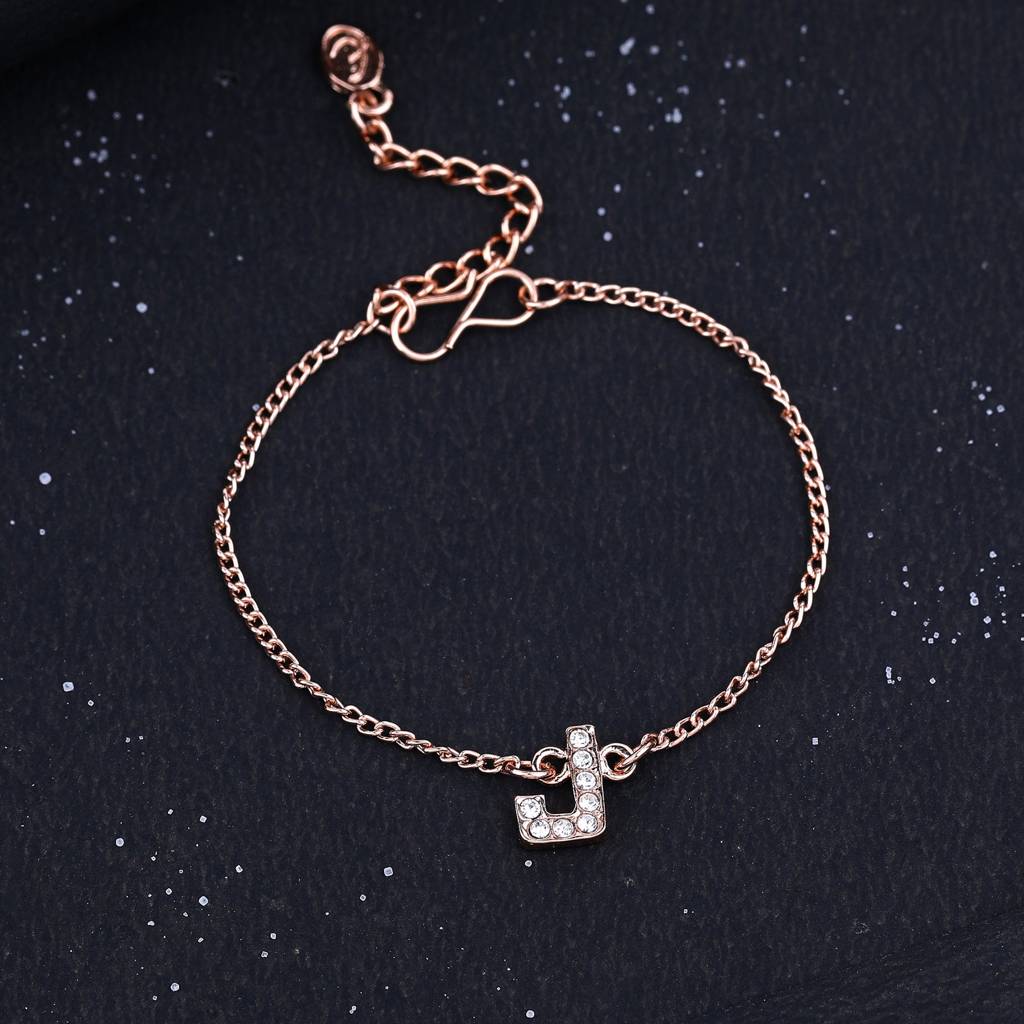 Estele Rosegold Plated Captivating Medium 'J' Letter Bracelet With Crystals For Women : 102178-RG-JBR