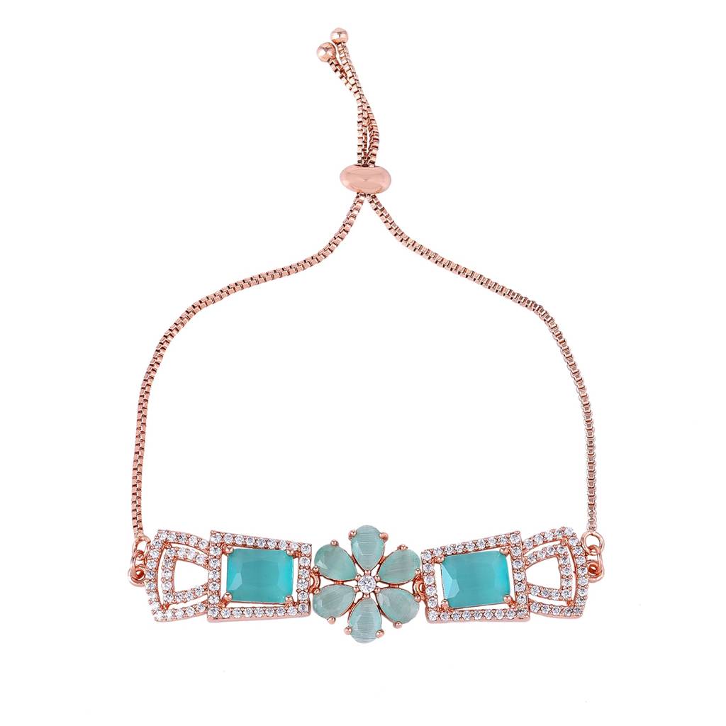Estele Rosegold Plated Stylish Floral Designer Adjustable Charm Bracelet With Shiny Mint Green American Diamon : AD-068-RGMGBR