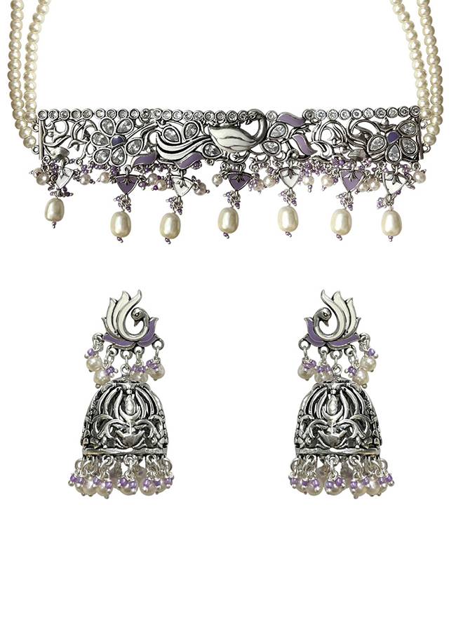 Filigree Design Silver Toned Round Faux Pearls Jewellery Set : 8905124444728