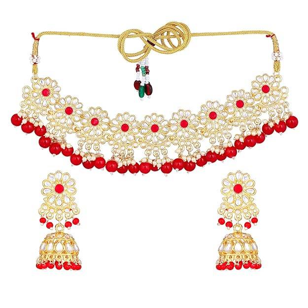 Estele Gold Plated Marvelous Gehena Necklace Set & Maang Tikka With Ruby Beads For Women : PJ-040-IGRBNKERTK