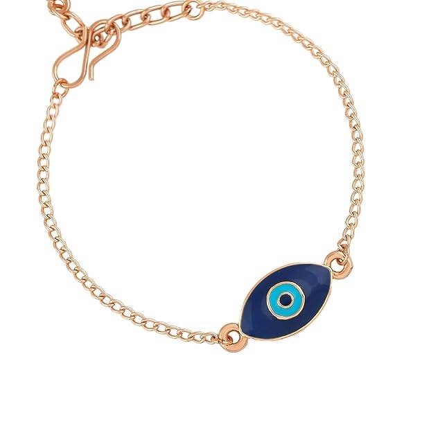 Estele Rosegold Plated Auspicious Navy Blue Enamel Evil Eye Charm Bracelet For Women : 102170-RGNBTQBR