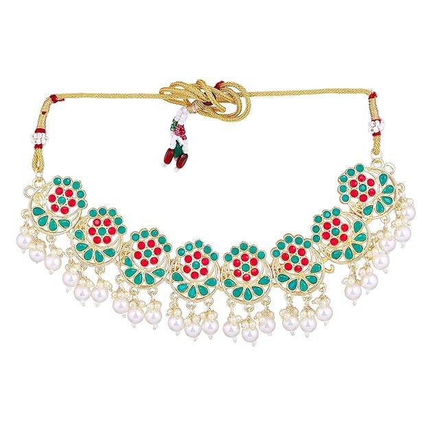 Estele Gold Plated Traditional Gehena Choker Necklace Set & Maang Tikka For Women : PJ-050-IGRBGNNKERTK