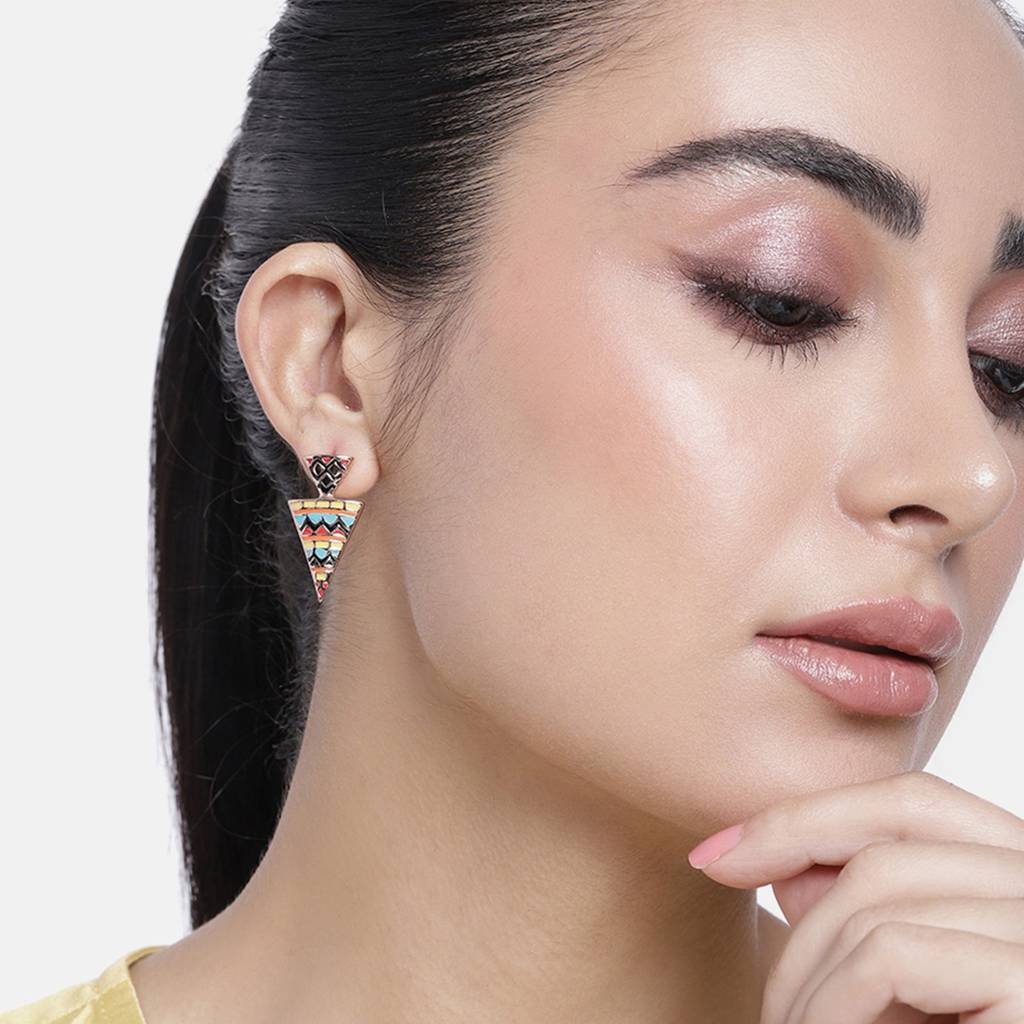 Estele Rosegold Plated Triangular Stud Earrings With Multicolor Enamel For Women : 605704-RGER