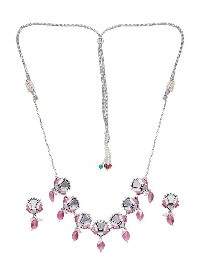 Festive Hues Mirrored Floral Motifs Brass Oxidised Silver Plated Jewellery Set : 8905124466133