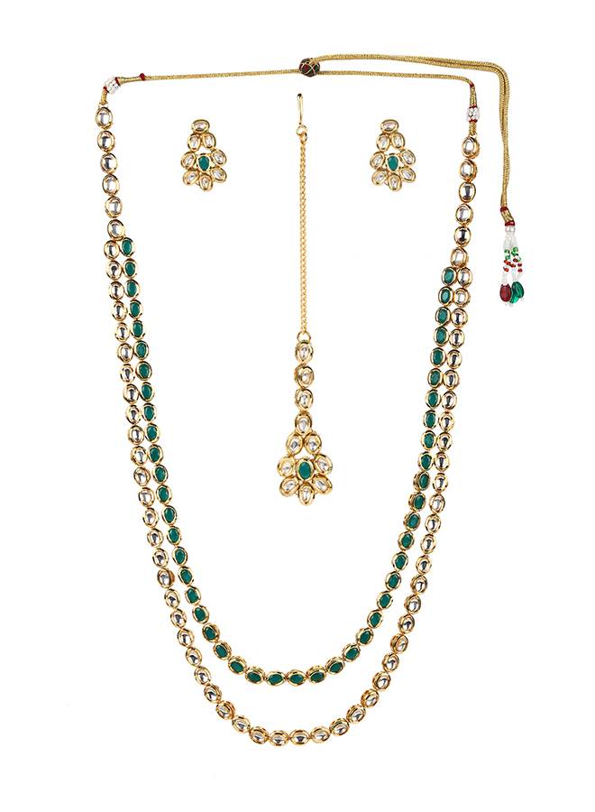 Kundan Gold Plated Long Necklace Set With Green Stones : 8905124438055