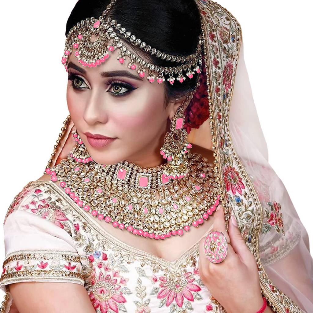 Ethnic Traditional Gold Plated Kundan Studded Dulhan Bridal Jewellery Set With Choker Earrings Maang Tikka Hathph : PF36BR02PK