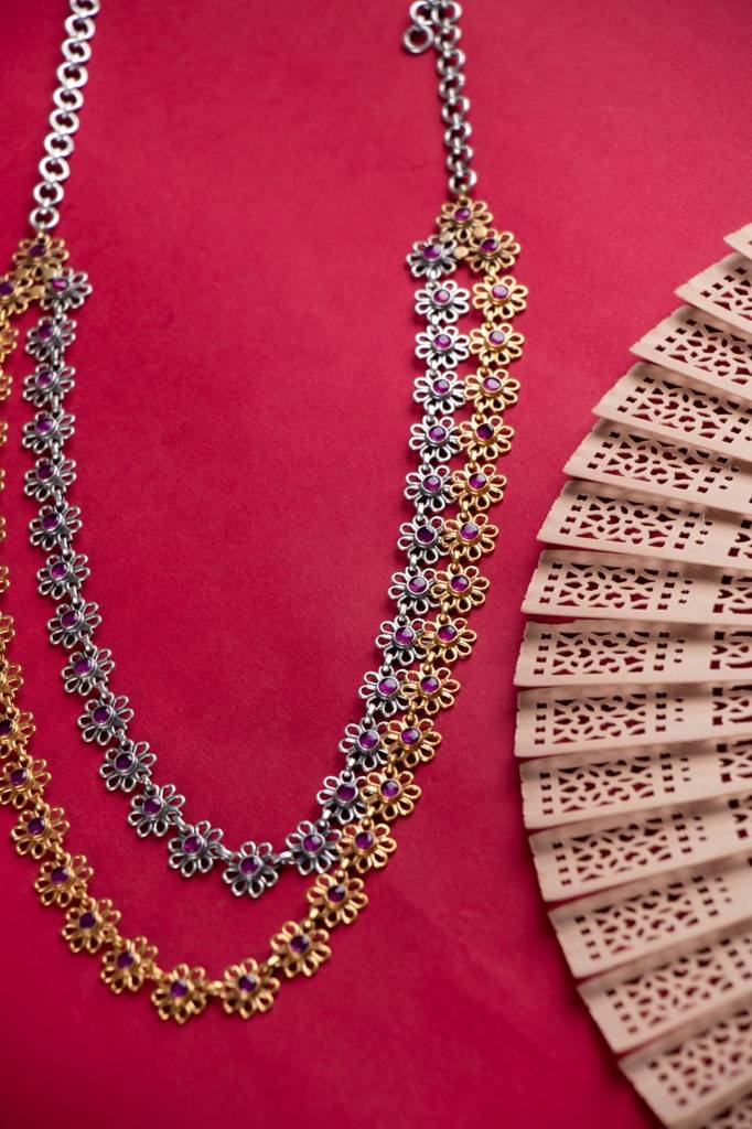 Tattva Layered Dual Tone Flower Sequence Necklace : SN203055