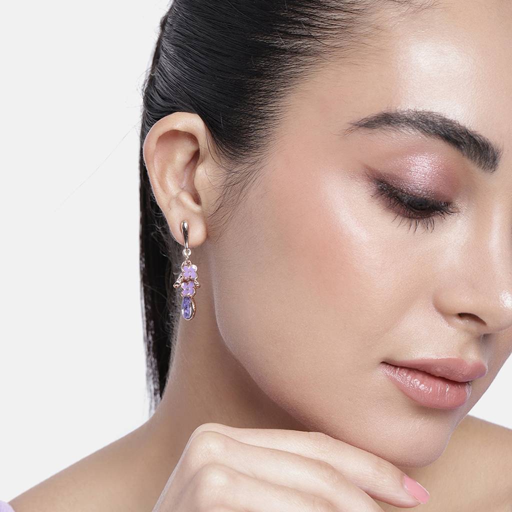 Estele Rosegold Plated Floral Charms Hanging Drop Earrings For Women : 680701RG-AQER