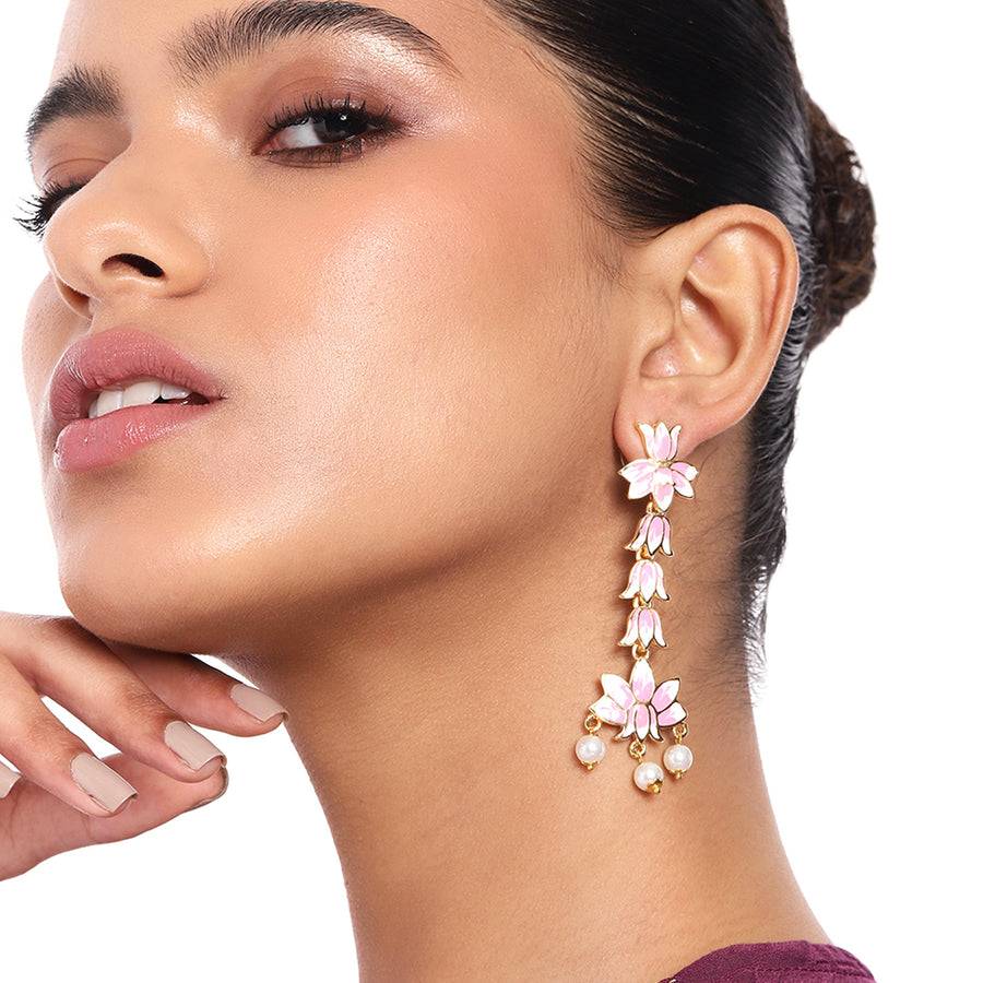 Estele Gold Plated Pink Enamel Lotus Designer Splendid Pearl Drop Dangler Earrings For Girl'S & Women : 799711-IGER