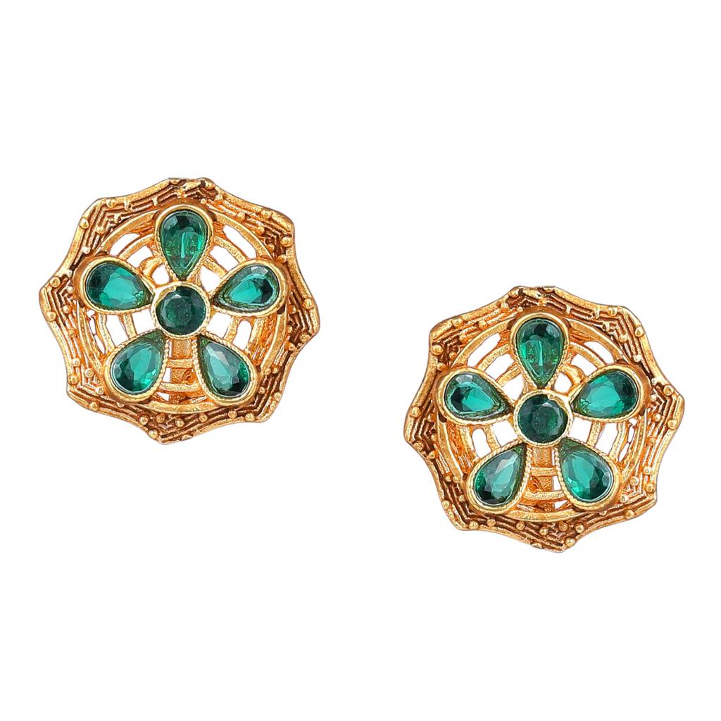 Estele Gold Plated Sparkling Flower Designer Matte Finish Stud Earrings With Green Crystals For Women : AD-116716-IGGNER