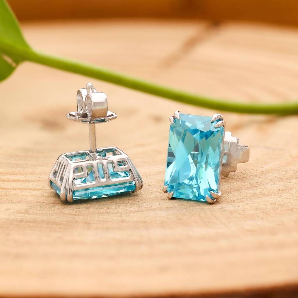 925 Silver Blue Topaz Stud Earrings Â Radiant Cut Birthstone Jewelry : SE_000587