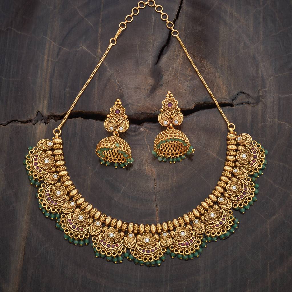 Kushal'S Fashion Jewellery Ruby-Green Gold-Plated Ethnic Antique Jewellery Set -435517 : 435517
