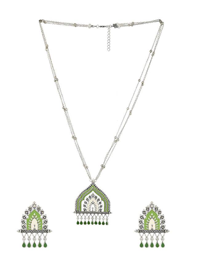 Festive Hues Green Gems Adorned Enamelled Silver Plated Jewellery Set : 8905124458954