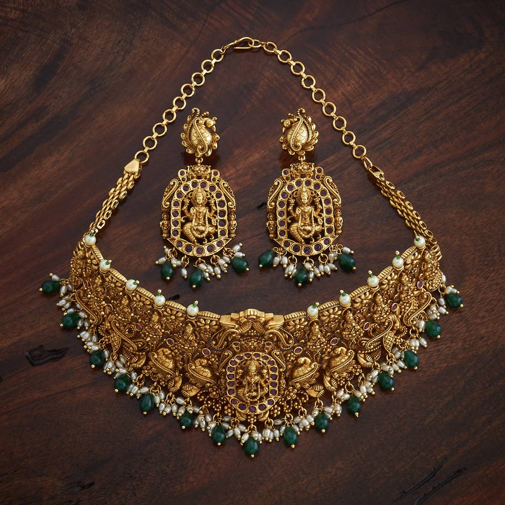 Kushal'S Fashion Jewellery Ruby-Green Gold-Plated Ethnic Antique Jewellery Set-182533 : 435919
