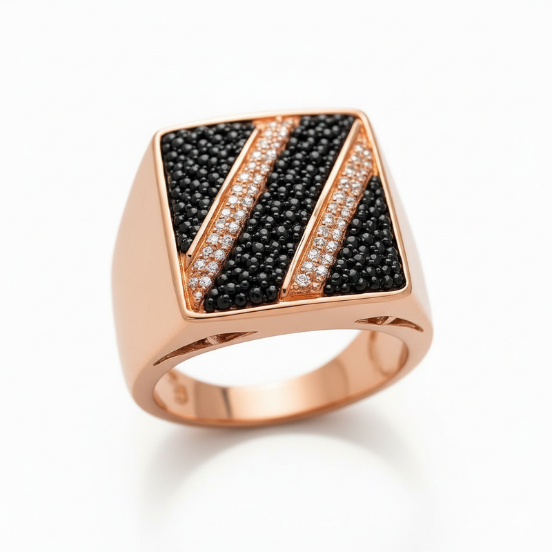 Black Diamond & Moissanite Diagonal Stripe Signet Ring : TGDMR-04-R-23
